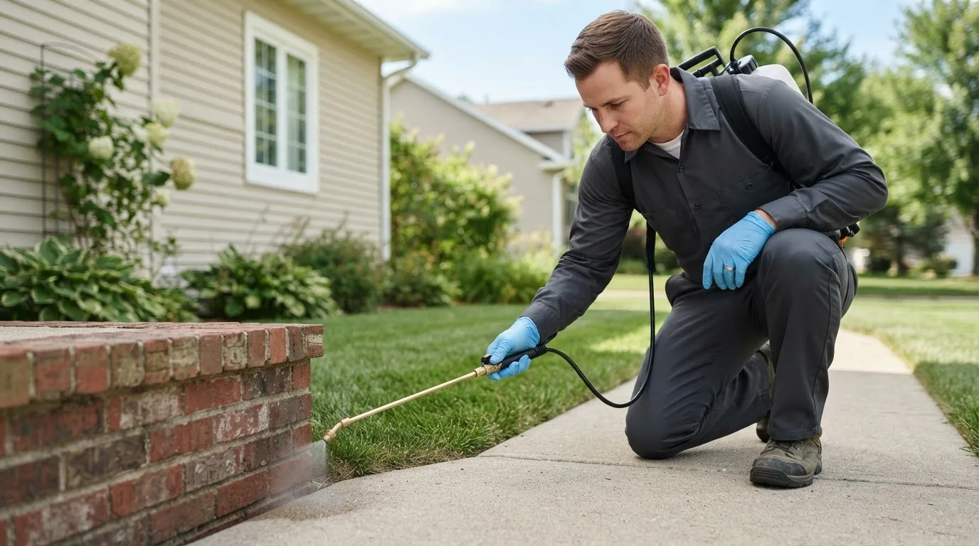 Pest control technician treating a home near Blanchard, ND