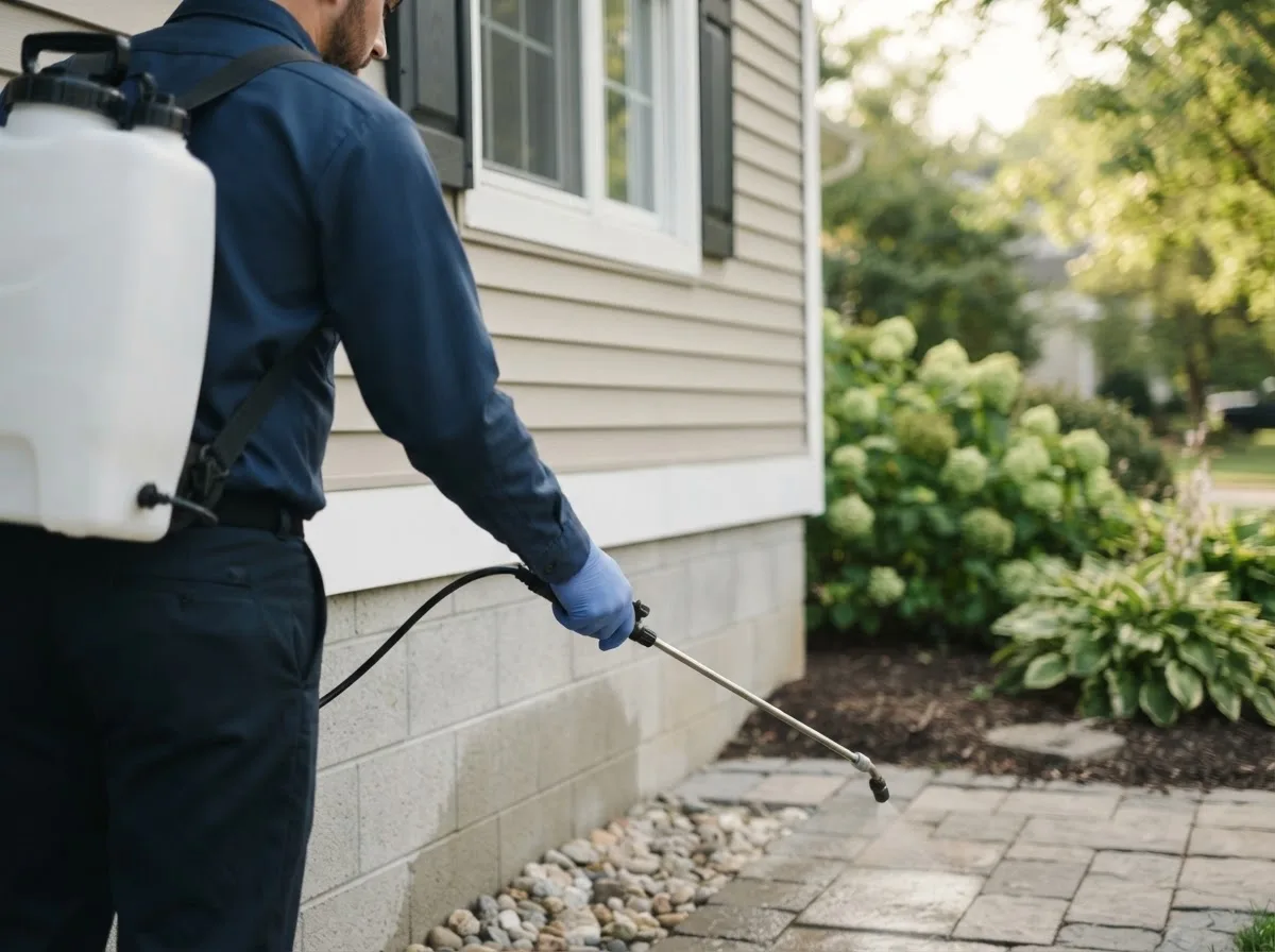 Pest control technician inspecting a home in Blanchard, ND